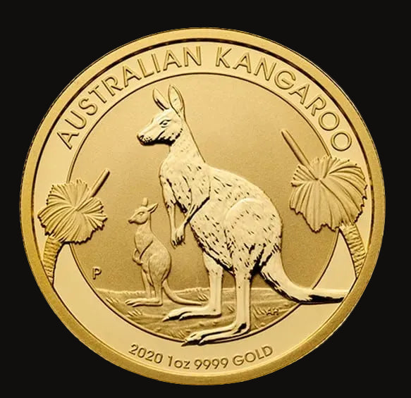 A round gold coin featuring an Australian kangaroo and joey, with palm trees and the text 'AUSTRALIAN KANGAROO' and '2020 1 oz 9999 GOLD' on a plain white background.