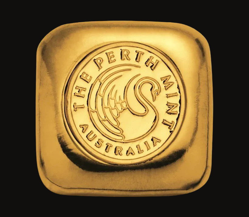 A square gold bar with rounded corners, featuring a circular embossed seal that reads 'THE PERTH MINT AUSTRALIA' around a swan emblem, on a plain white background.