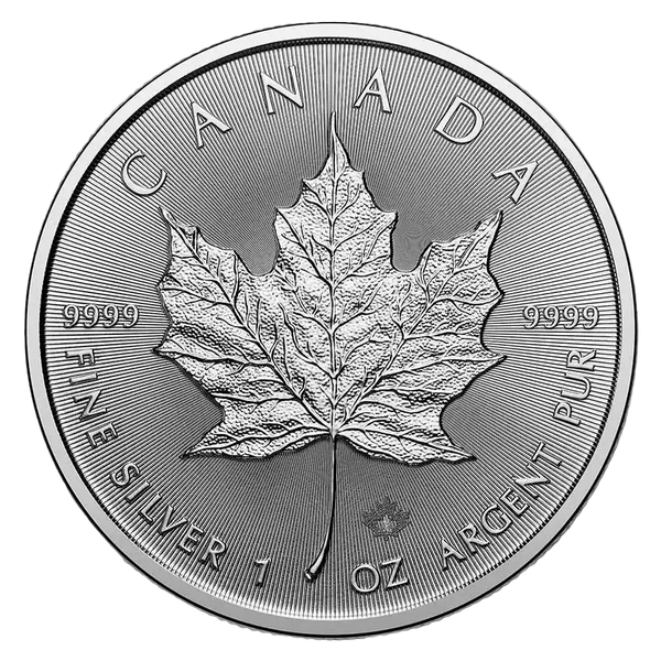 Silver coin with a maple leaf design and 'Canada' text on a white background