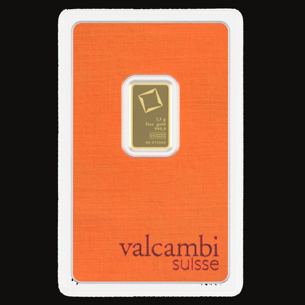Gold bar in a Valcambi Suisse packaging on an orange background