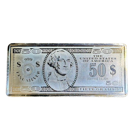 50g Silver 50 US Dollar Bill Minted Bar
