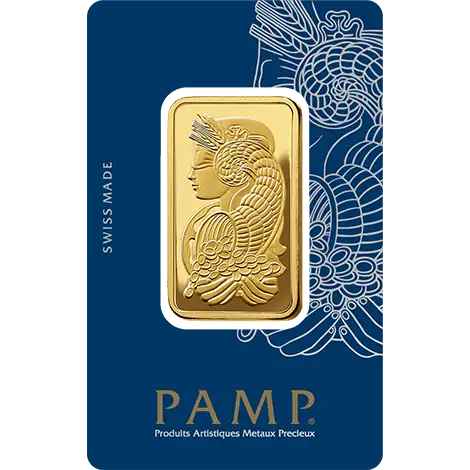Gold bar with PAMP branding on a blue card