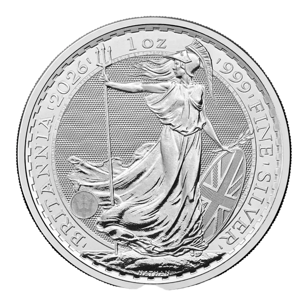 Silver coin with Britannia design and text indicating weight and year