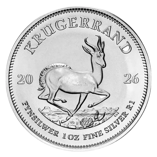 Silver Krugerrand coin with an antelope design on a white background