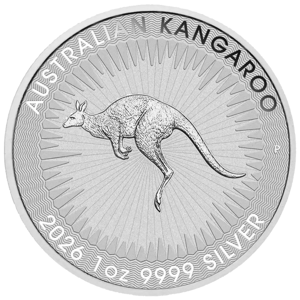 Silver coin featuring an Australian Kangaroo design on a white background